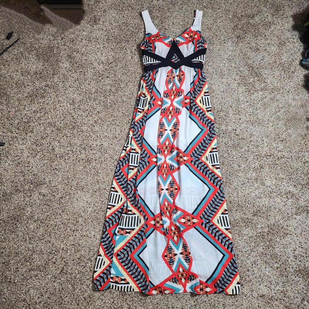 XOXO Colorful Satin Abstract Print Sleeveless Summer Maxi Dress Size Small